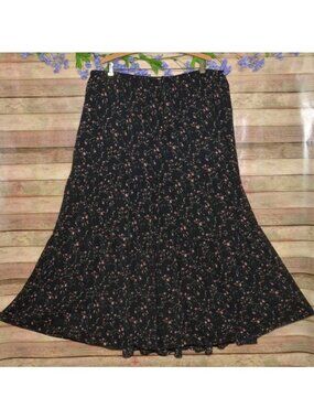 Boho Ava & Viv Chiffon Maxi Skirt 1X Plus Black Micro Ditsy Floral Tiered MINT